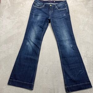 Vigoss Jeans Women's 9 Flare Dark Wash Flap Pockets Distressed Whiskered Denim